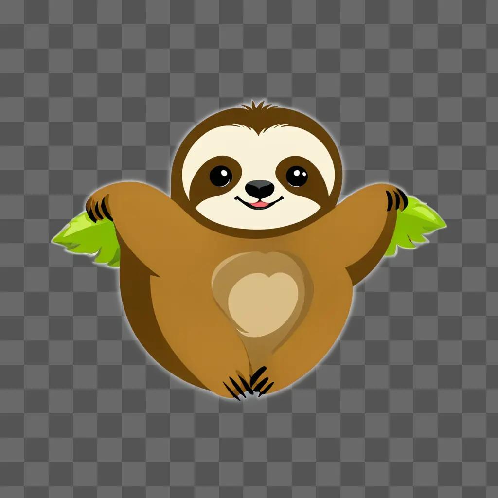 A sloth with green leaves on its arms and heart on its chest