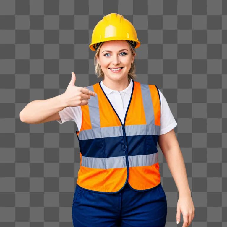 A smiling construction worker wears a bright safety vest