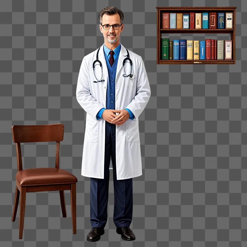 A smiling doctor stands in front of bookshelves