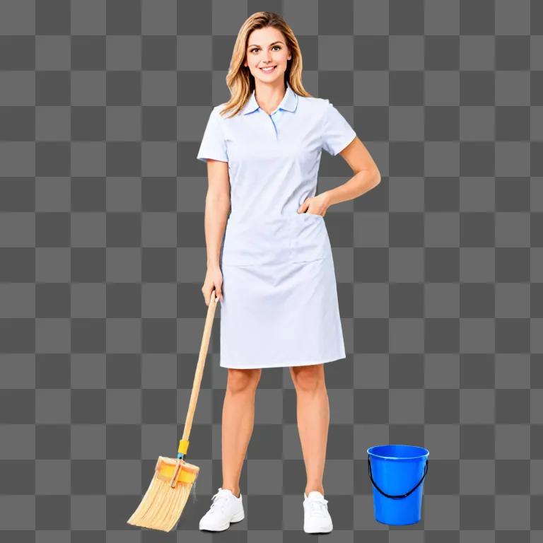 A smiling woman holding a broom and bucket