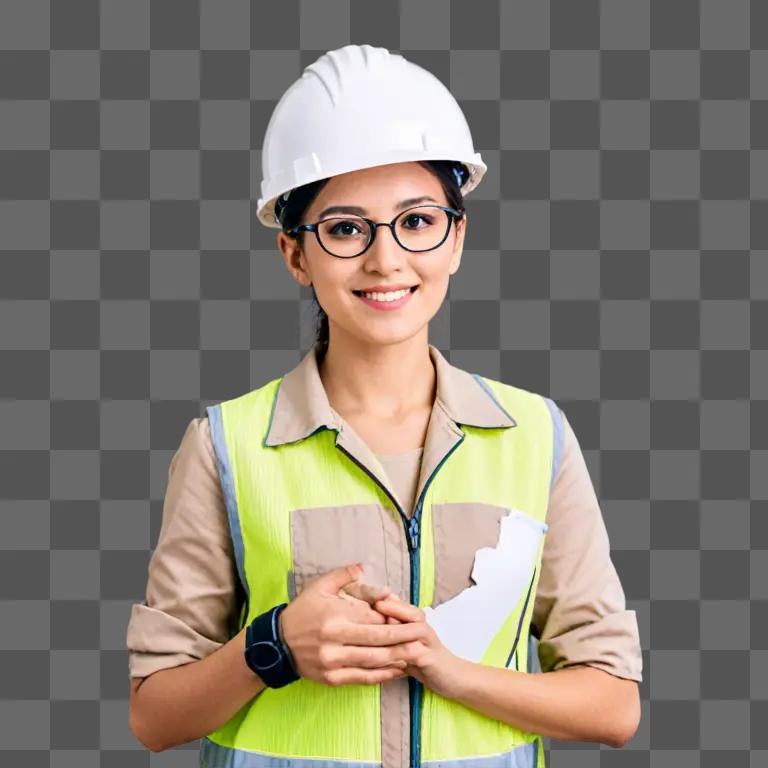 A smiling woman wearing a safety vest and hard hat