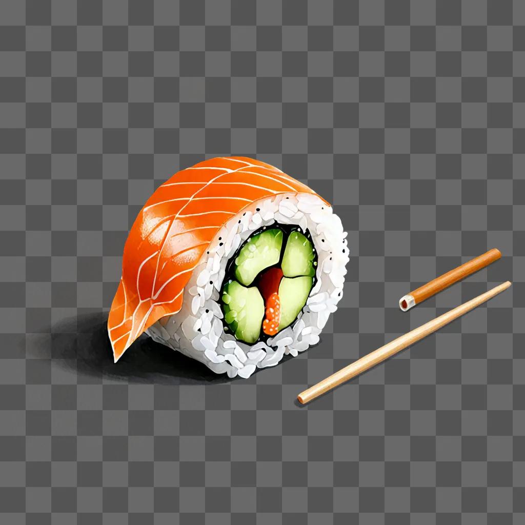 A sushi roll with a slice of cucumber and rice