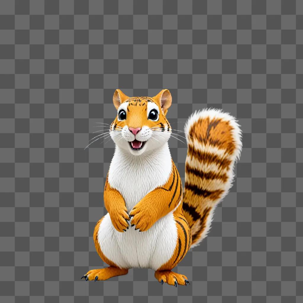 A tiger squirrel is on a beige surface