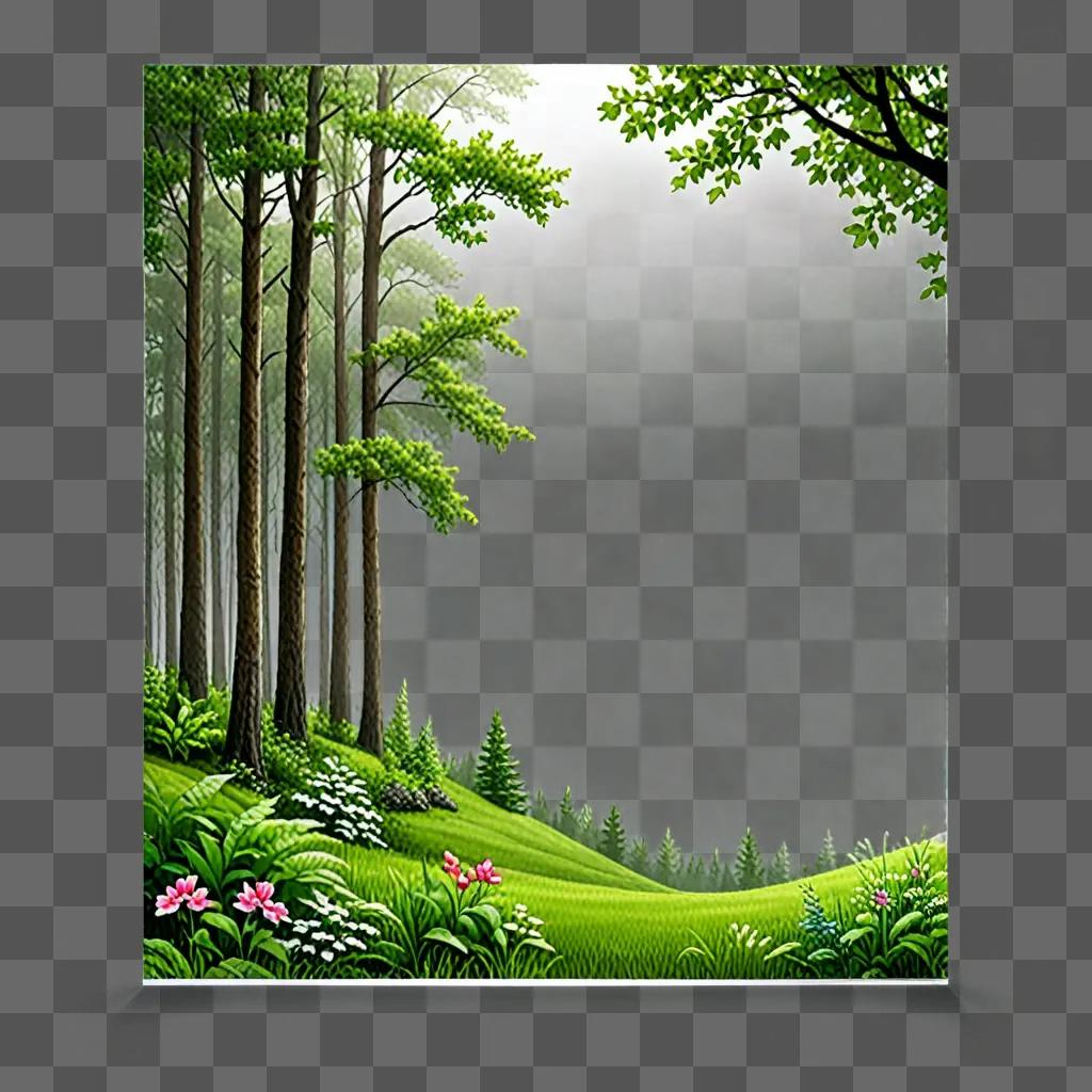 A transparent forest scene with flowers and trees