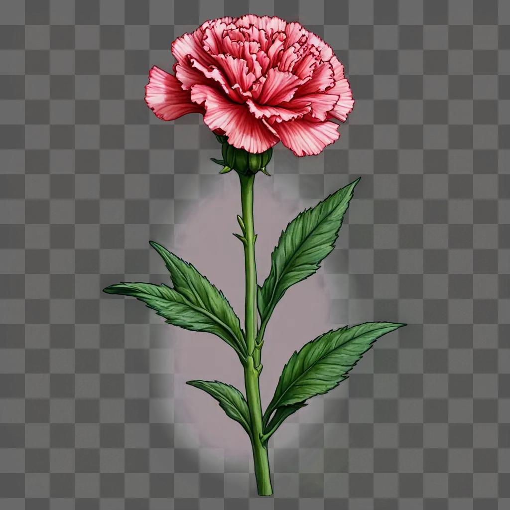 A vibrant red carnation flower with green leaves