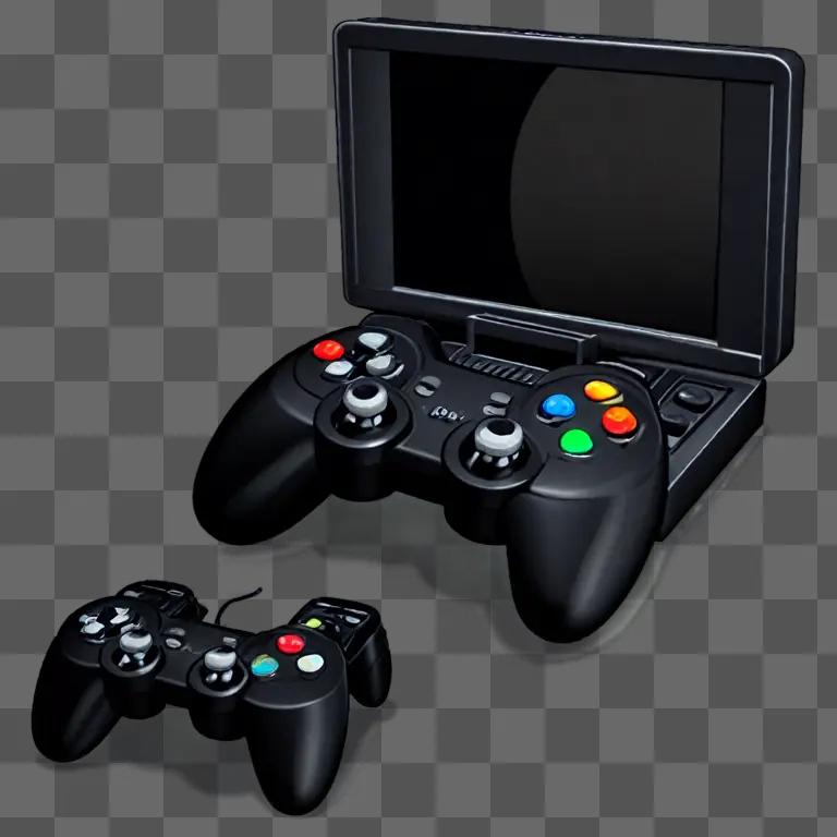 A video gaming clipart image with a laptop and controllers