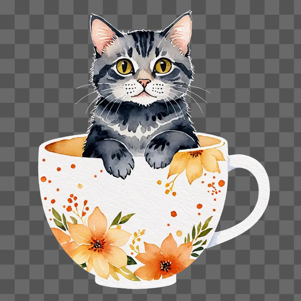 A watercolor illustration of a cat sitting in a cup