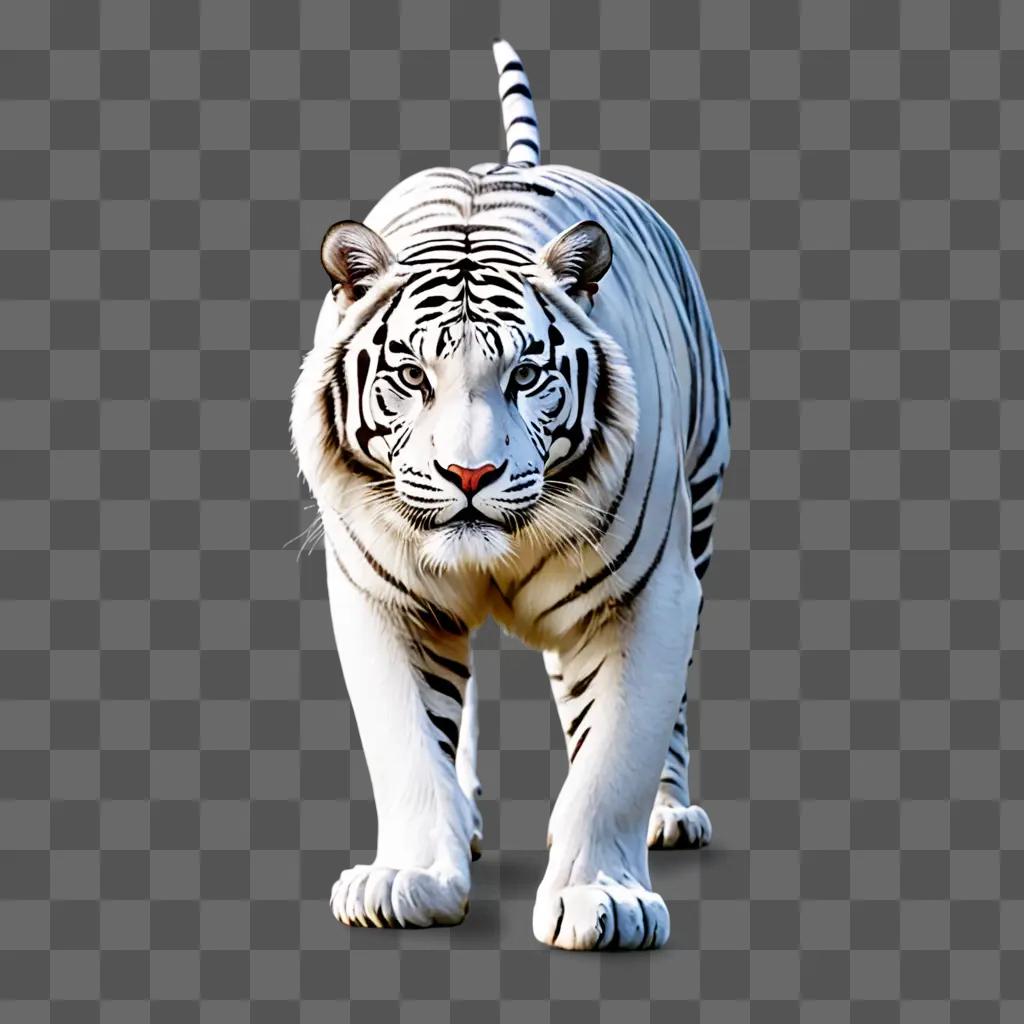 A white Bengal tiger walking on a grey background