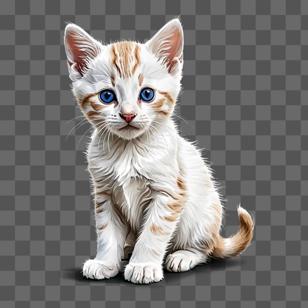 A white and orange kitten sits in front of a grey background