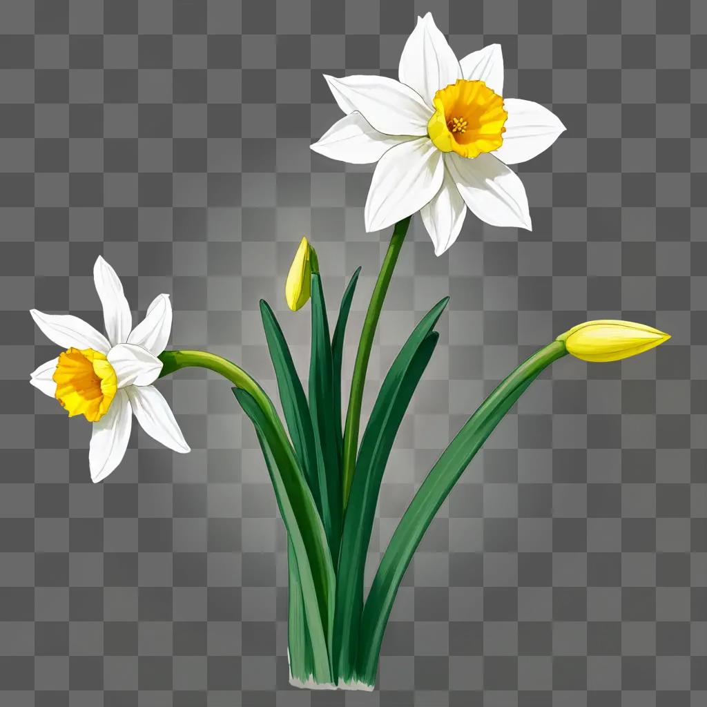 A white and yellow narcissus flower drawing on a green background