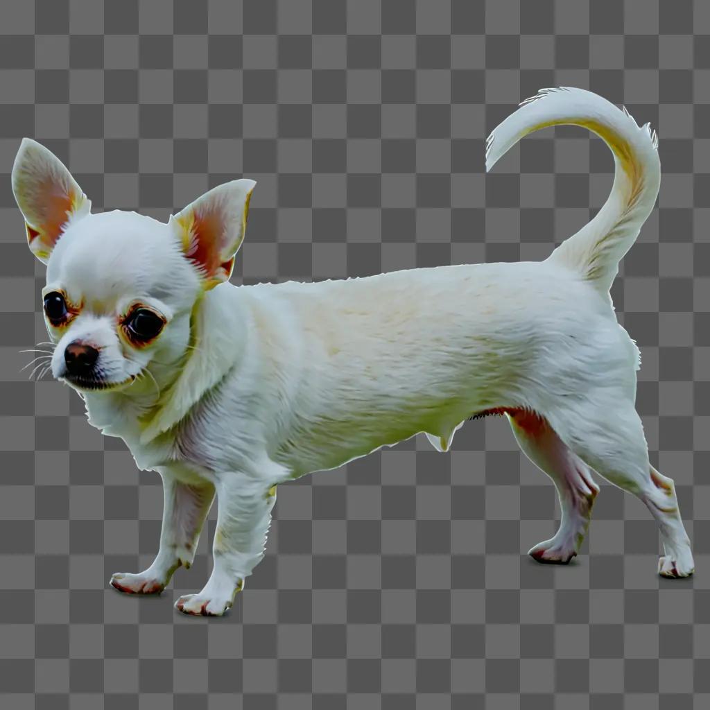 A white apple head chihuahua stands on a grey background