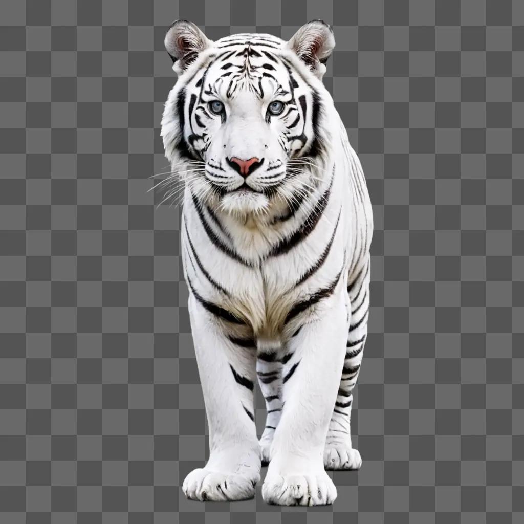 A white bengal tiger walks across the gray floor