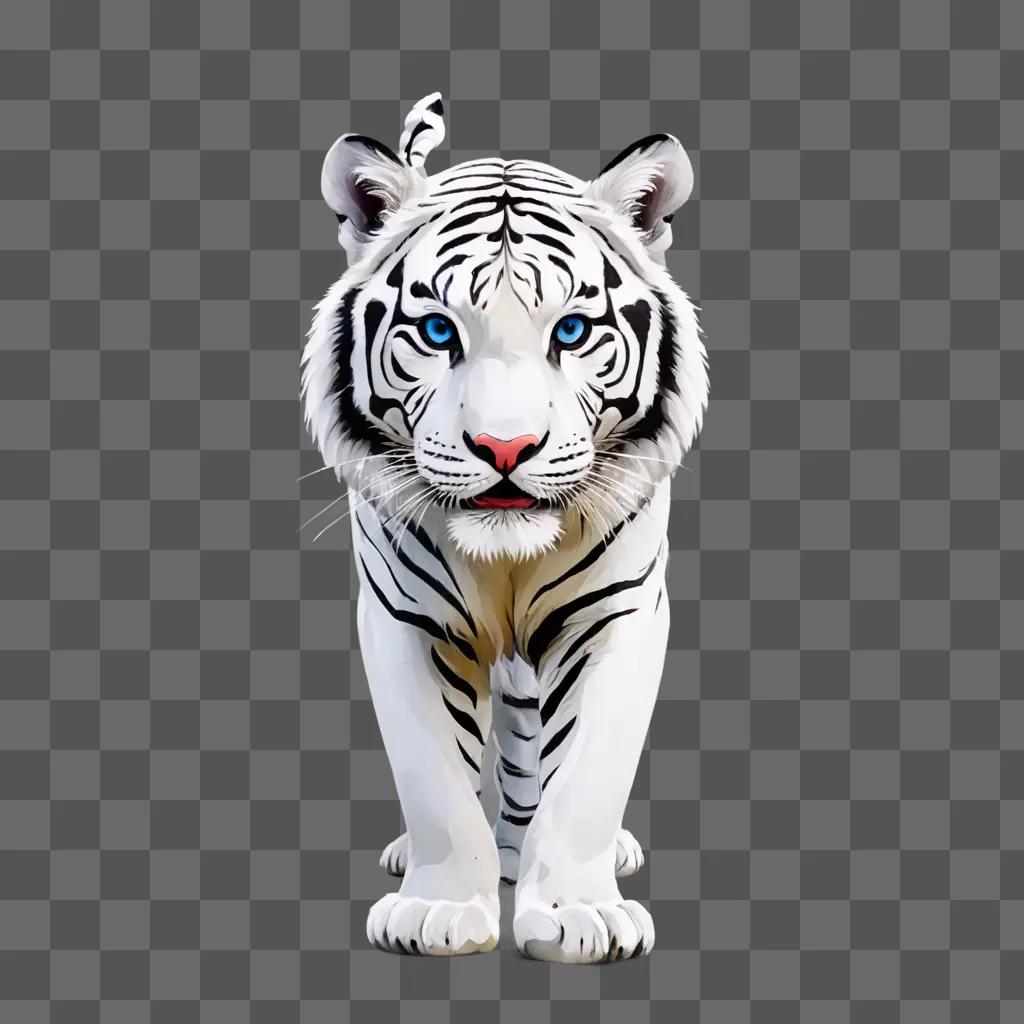 A white bengal tiger with blue eyes and a gray background