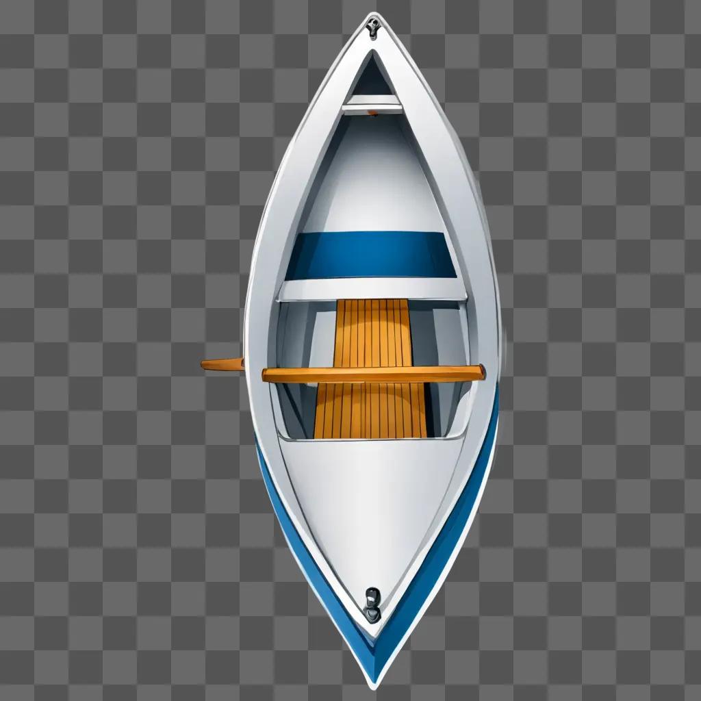 A white boat with a blue stripe has a wooden deck and a wooden oar