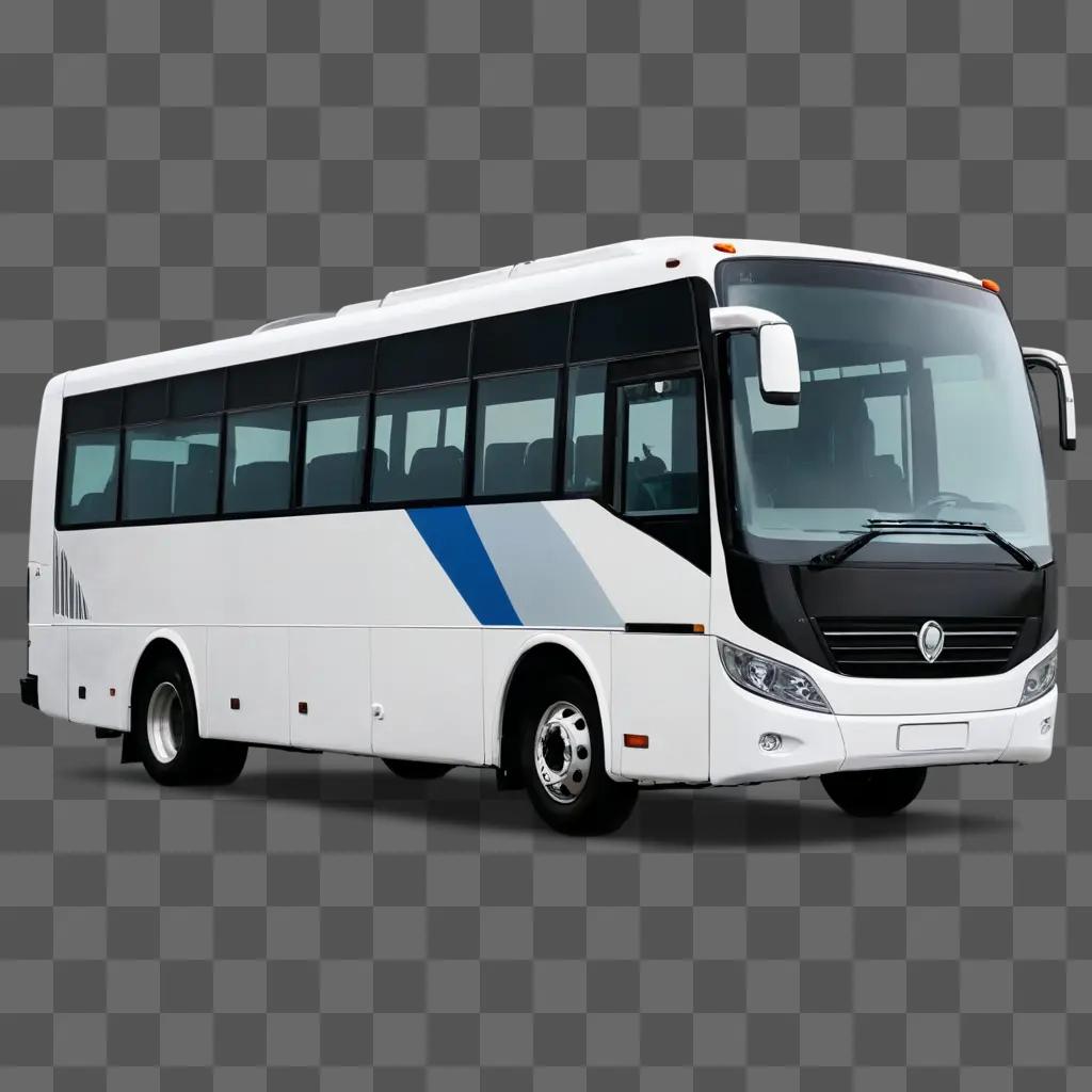 A white bus on a gray background with blue stripes