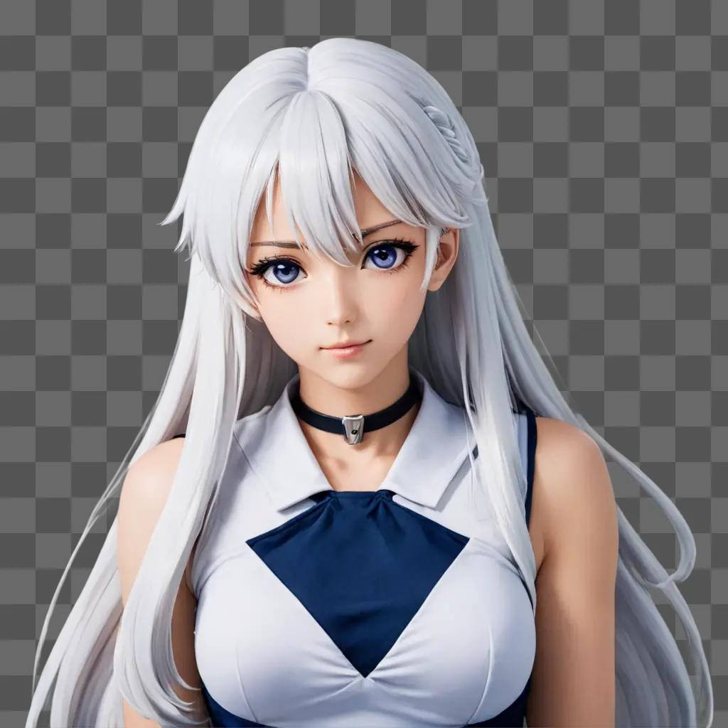 A white haired anime girl posing with a blue collar