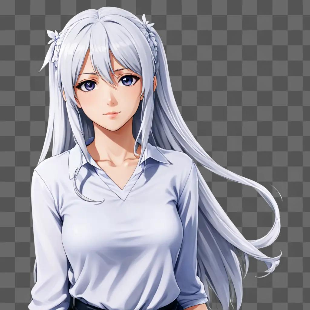 A white-haired anime girl with a white shirt and skirt