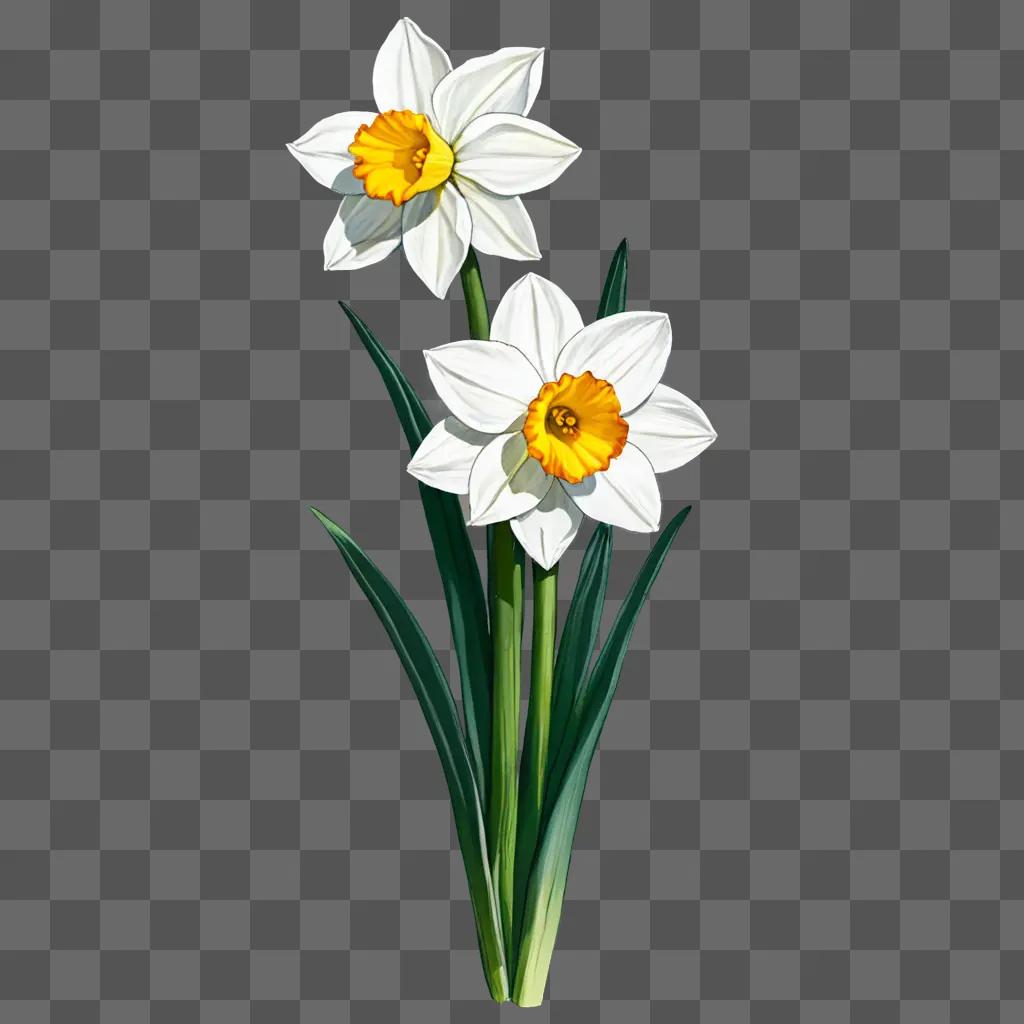 A white narcissus flower with yellow center is drawn