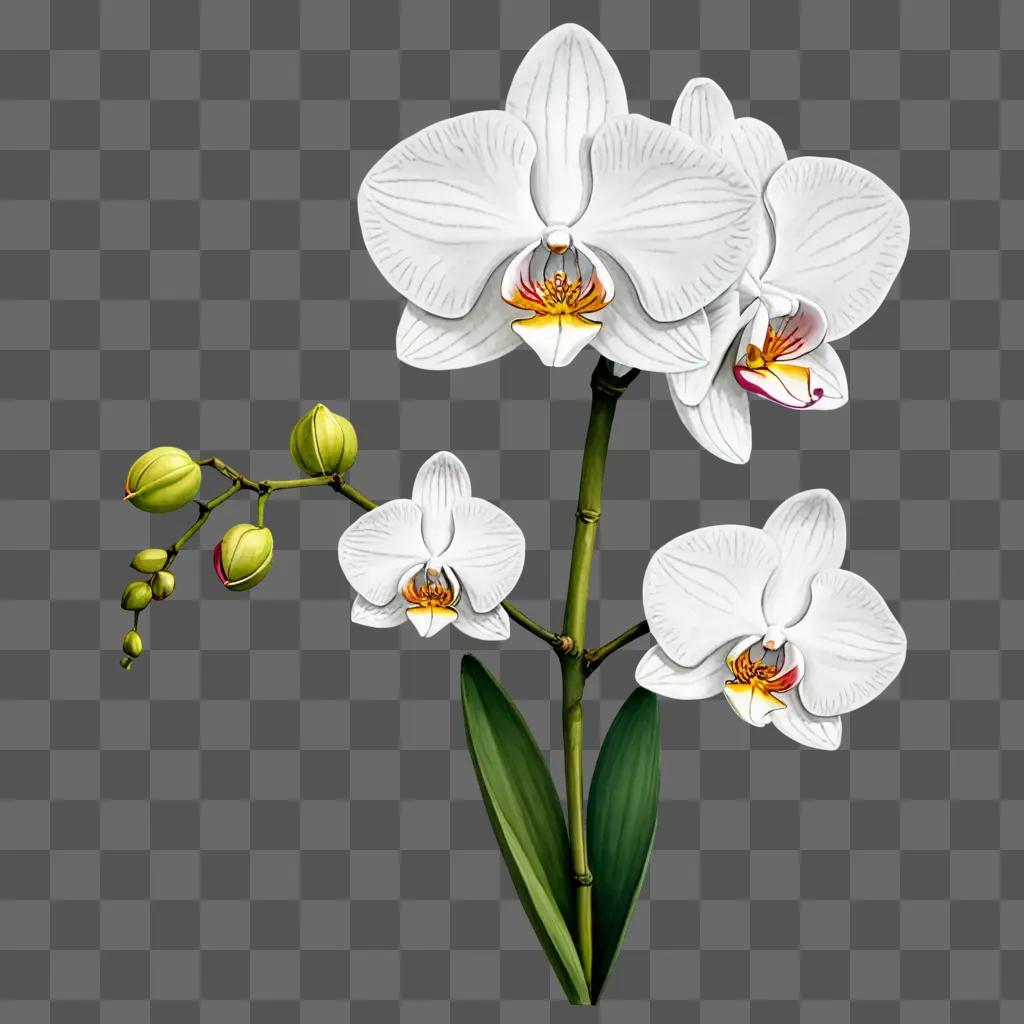 A white orchid flower drawing on a green background