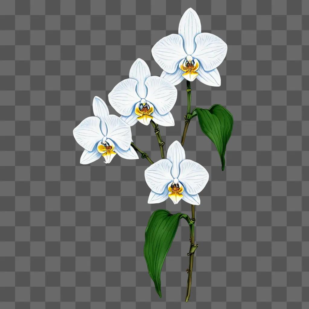 A white orchid flower with yellow center on a green background