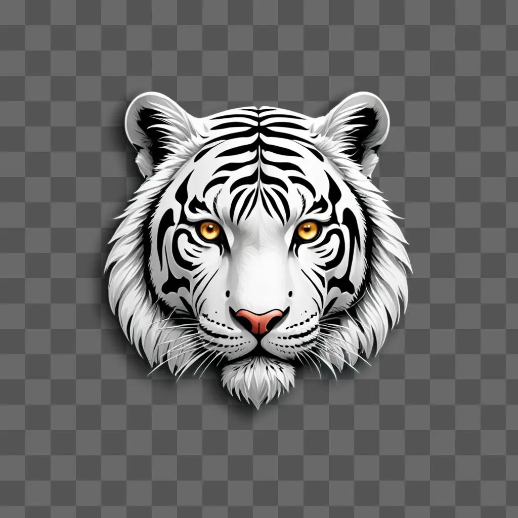 A white tiger head with black markings on a gray background