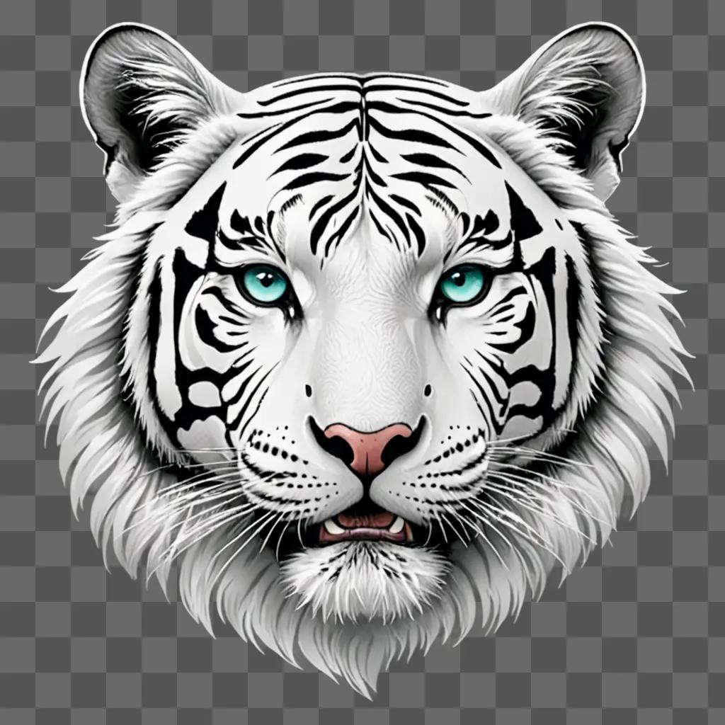 A white tiger image displayed in black and white