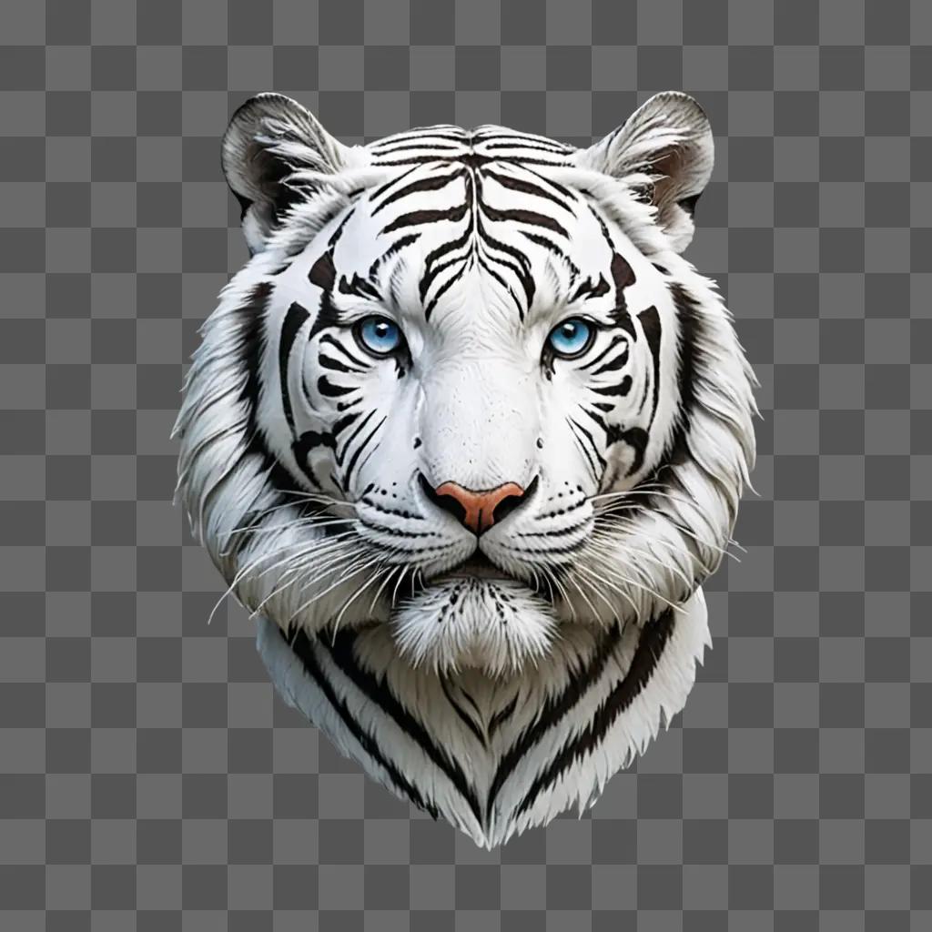 A white tiger with blue eyes on a gray background