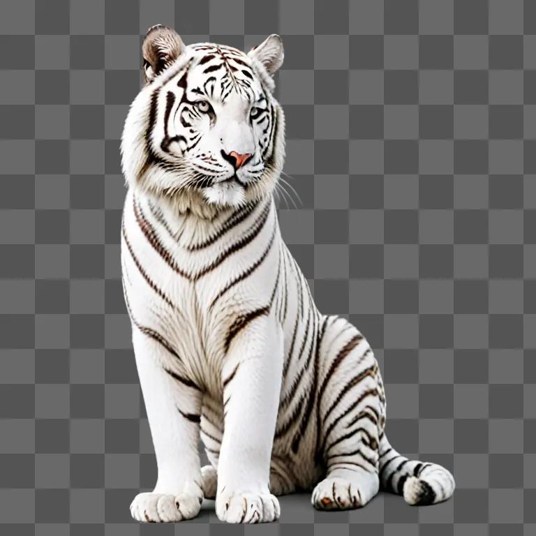 A white tiger with stripes sits on a grey surface