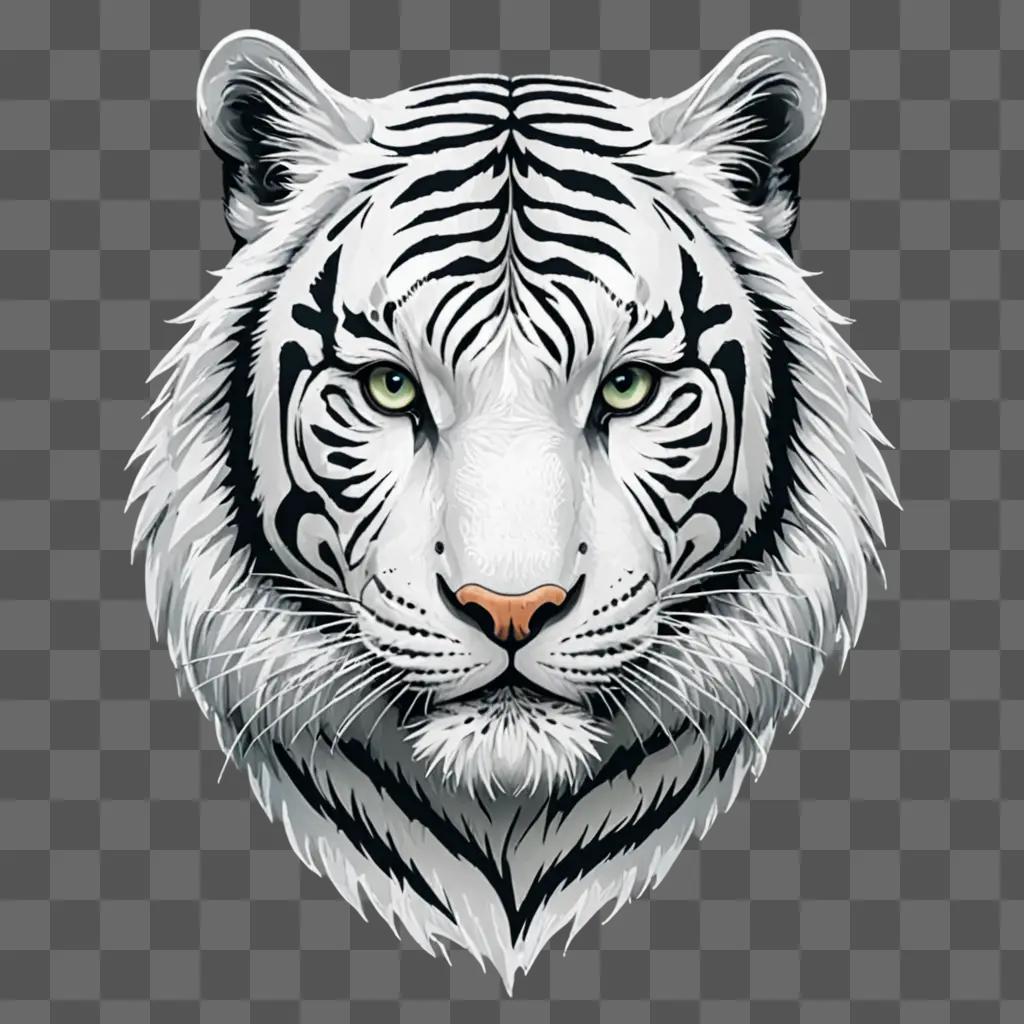 A white tigers face on a gray background