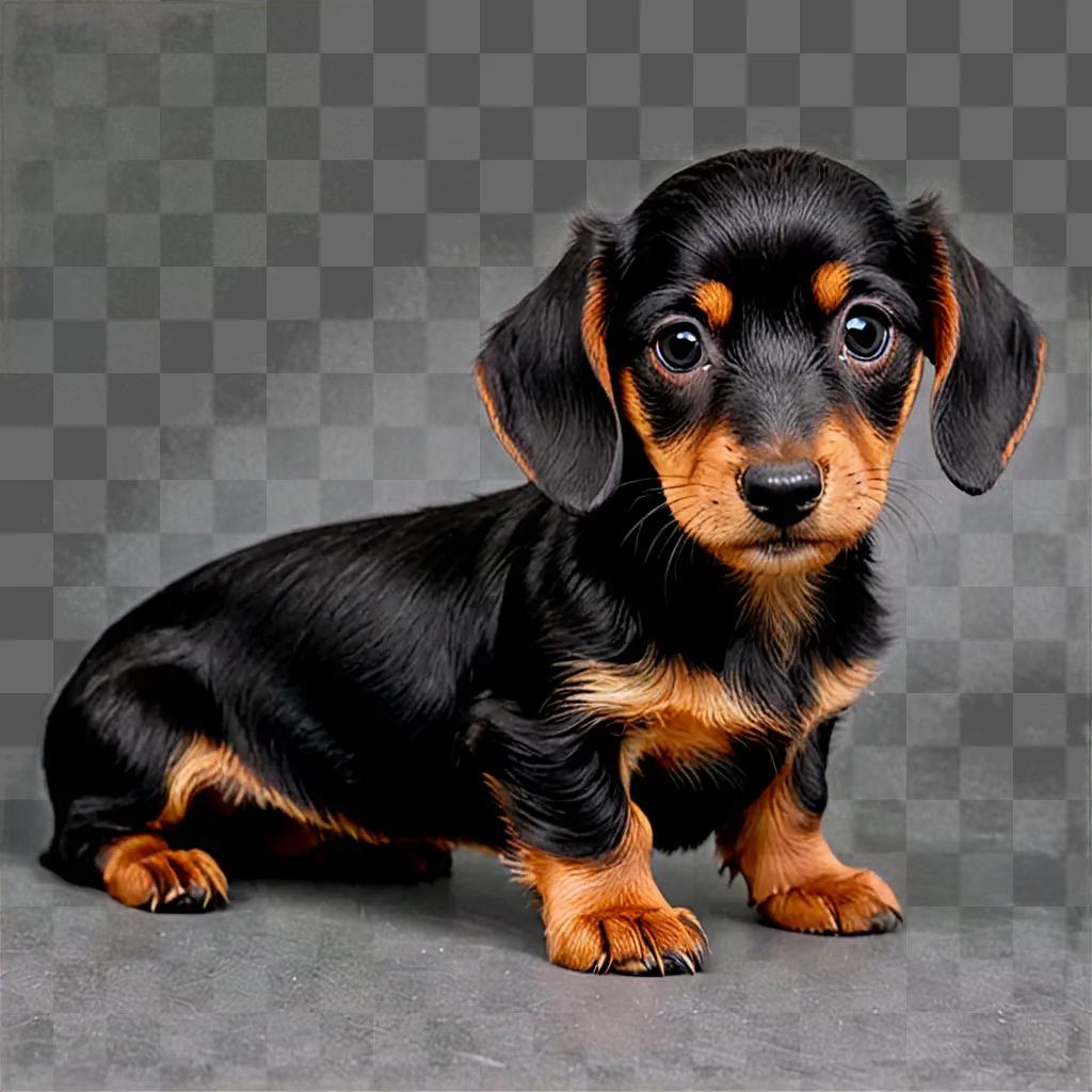 A wire haired dachshund puppy sits on a gray surface