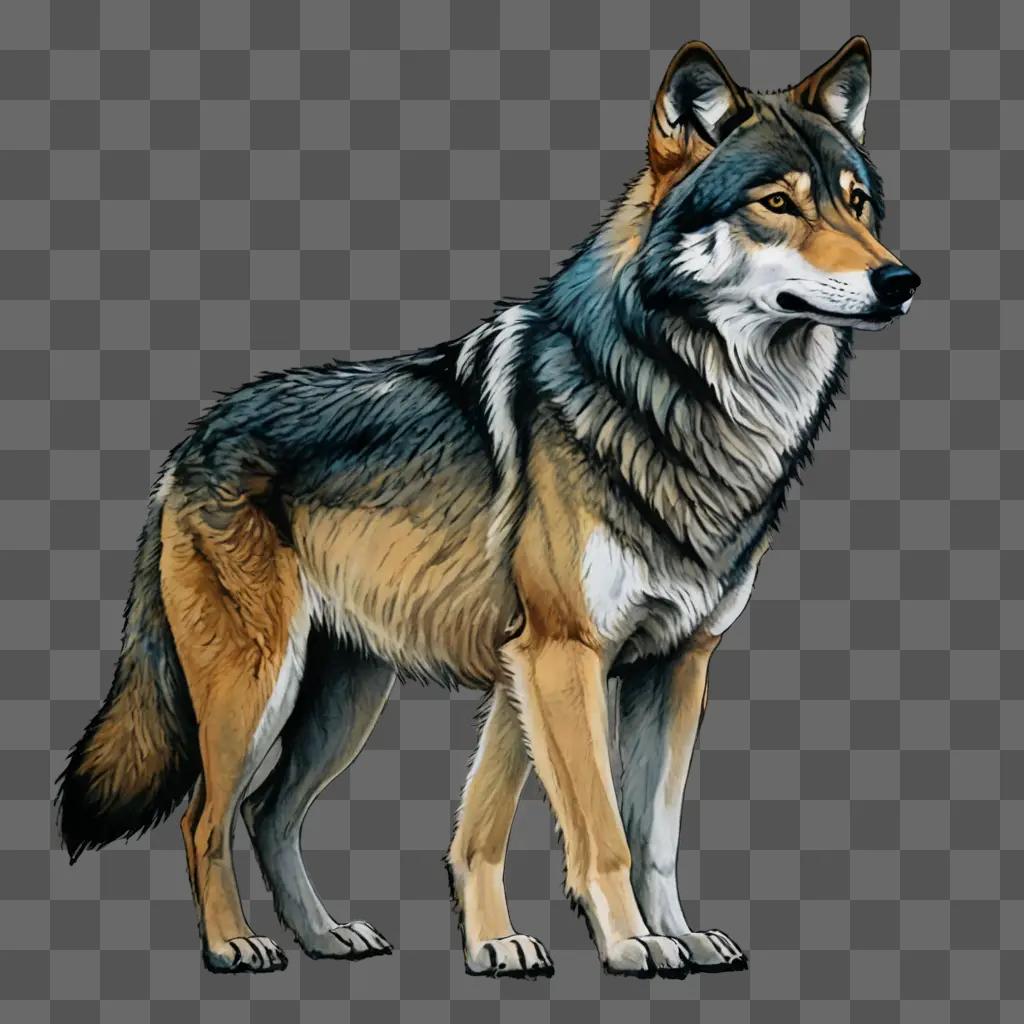 A wolf drawing in color against a gray background