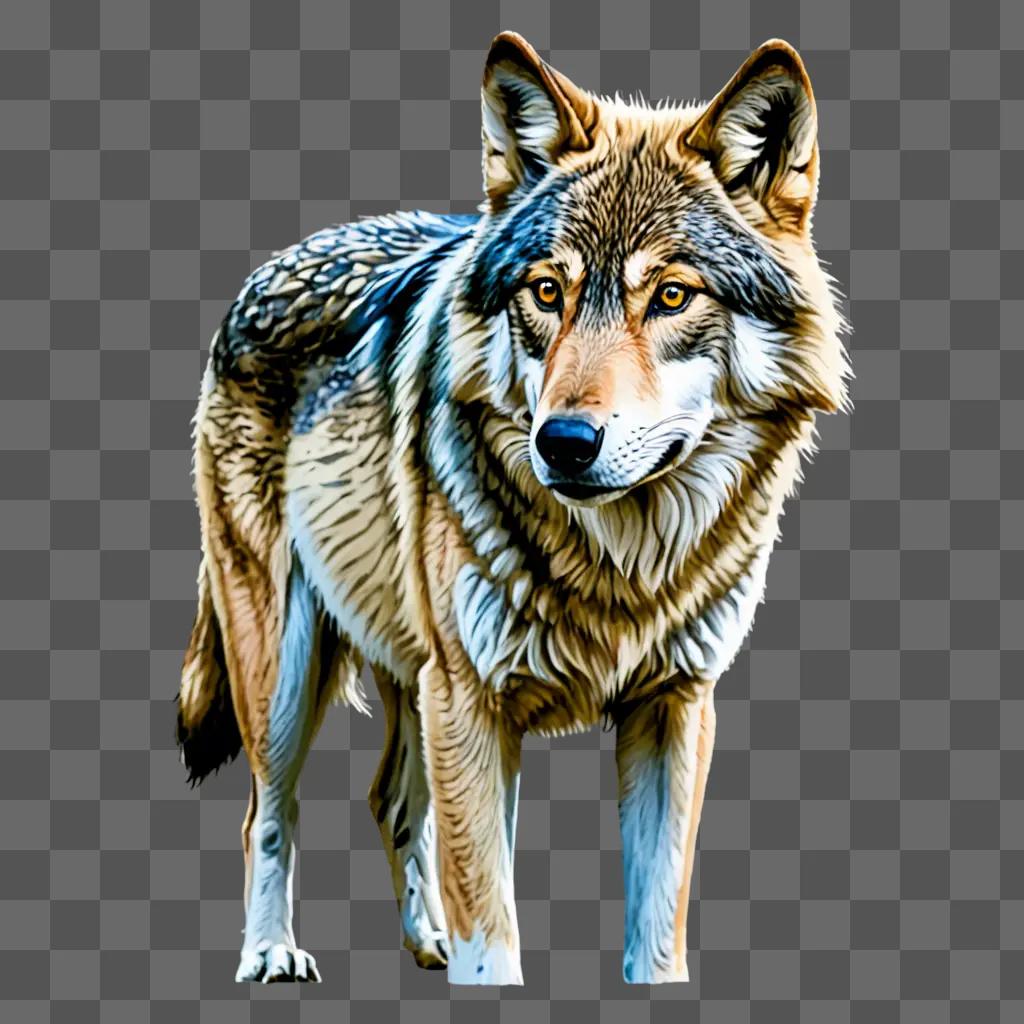 A wolf drawing in vibrant colors against a plain background