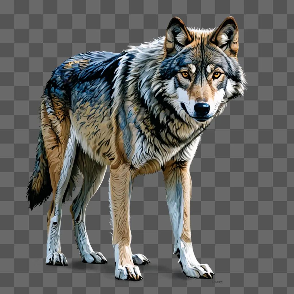 A wolf drawing with color on a grey background