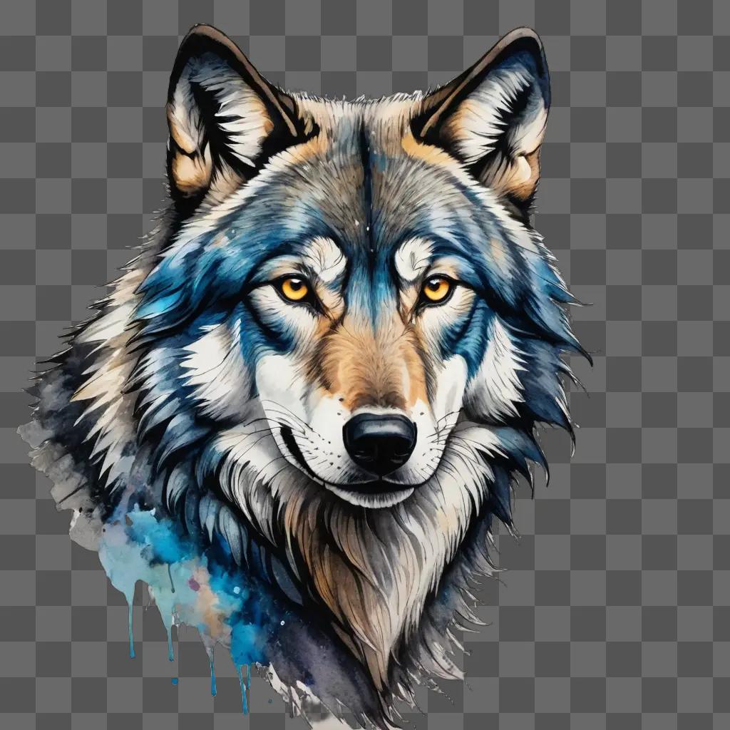 A wolf drawing with colour in the background