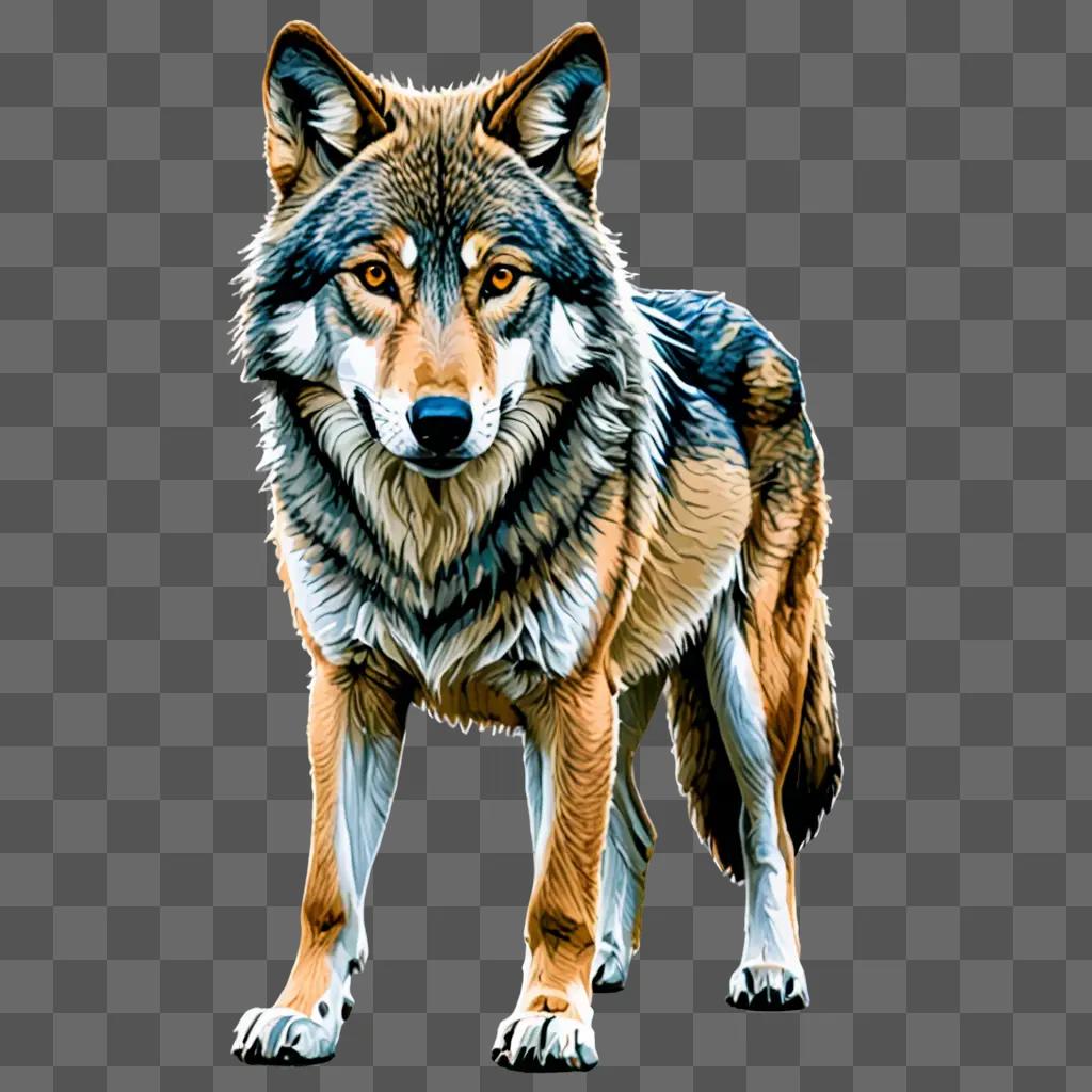 A wolf drawing with colour on a gray background