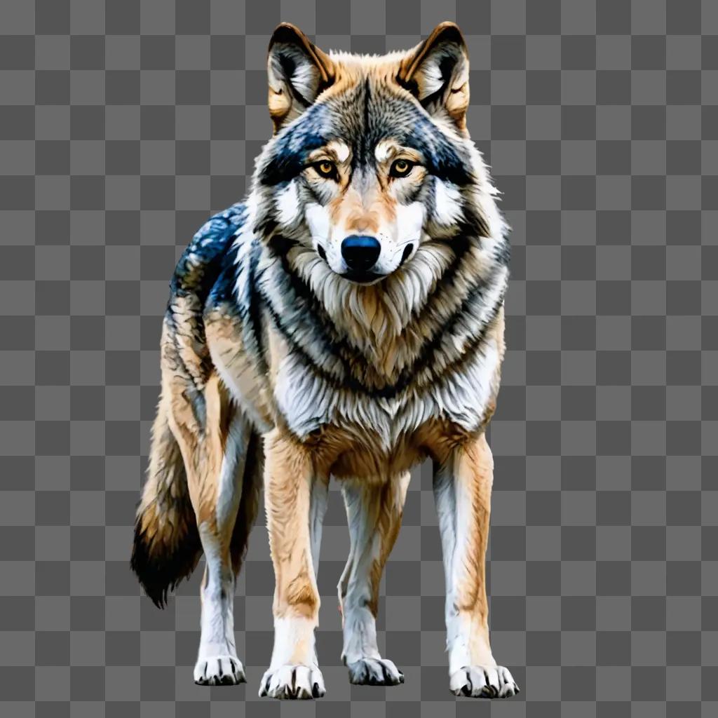 A wolf drawing with colour on a grey background