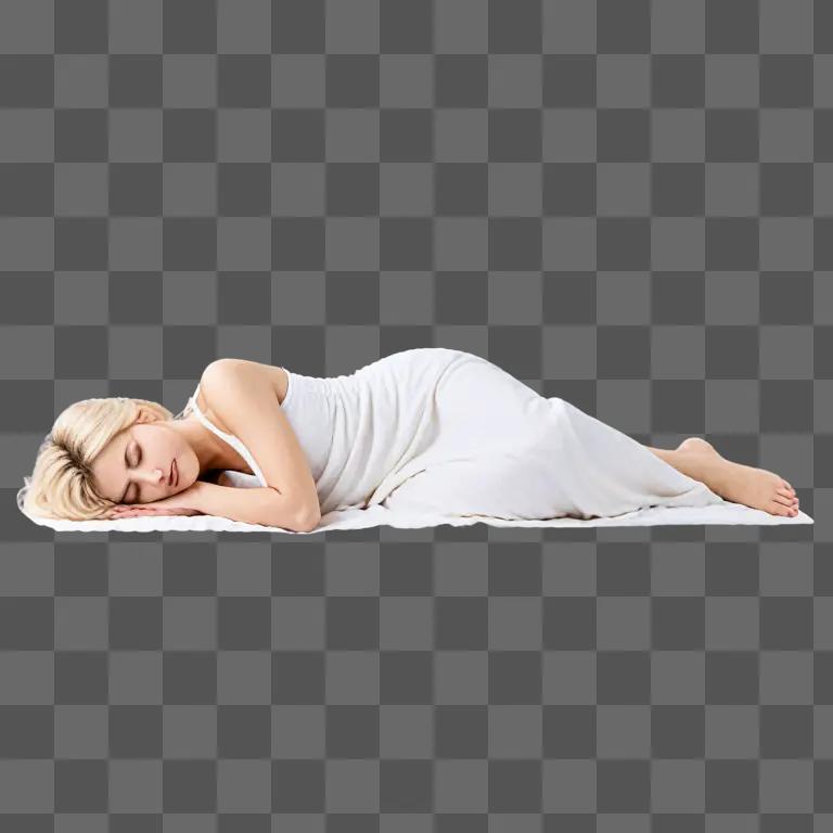 A woman sleeping in a white dress on a white sheet