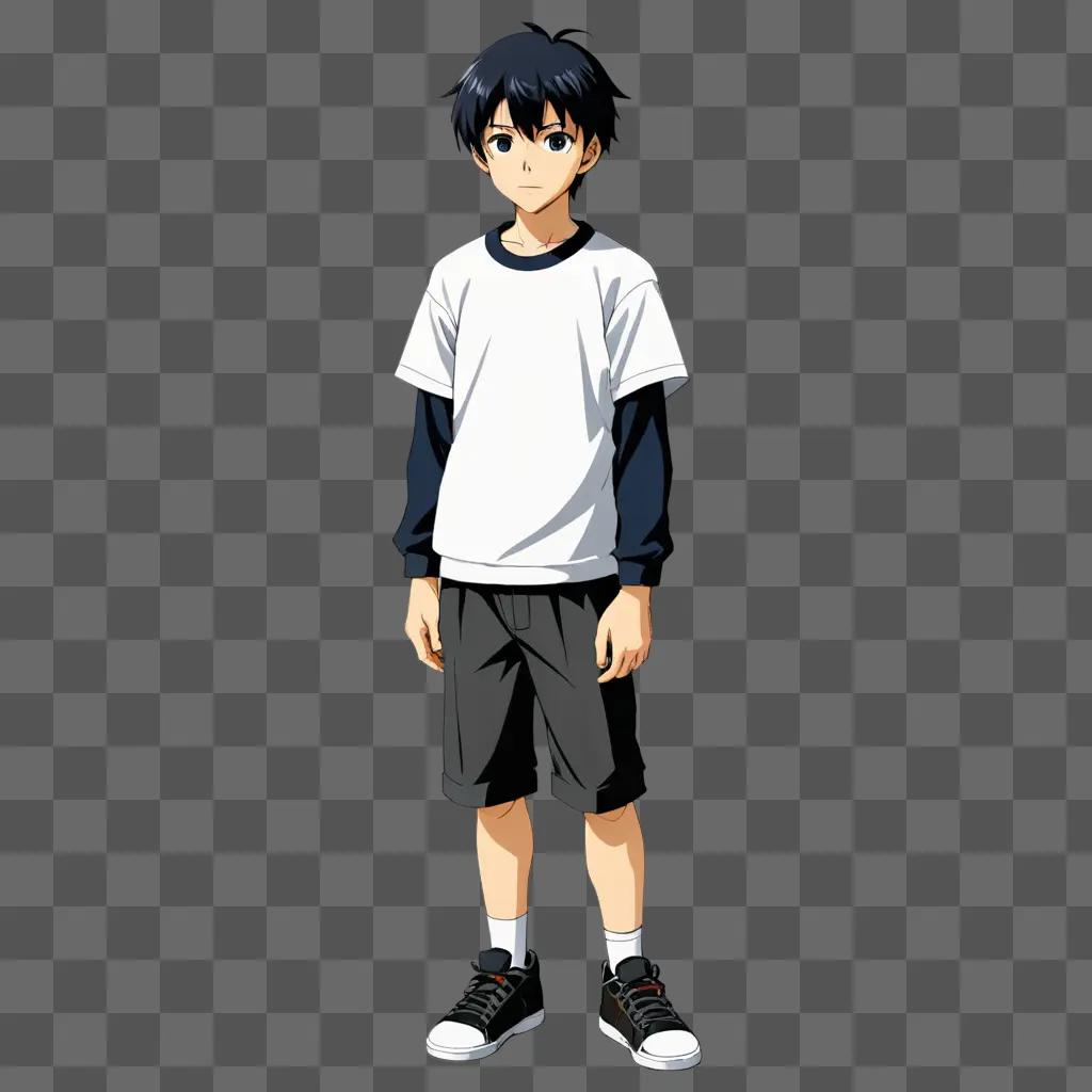 A young anime boy stands in front of a gray background