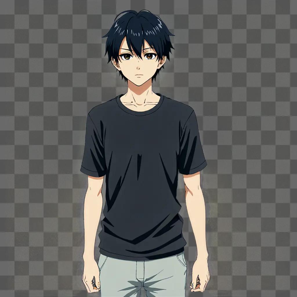 A young anime boy with black hair and a black t-shirt