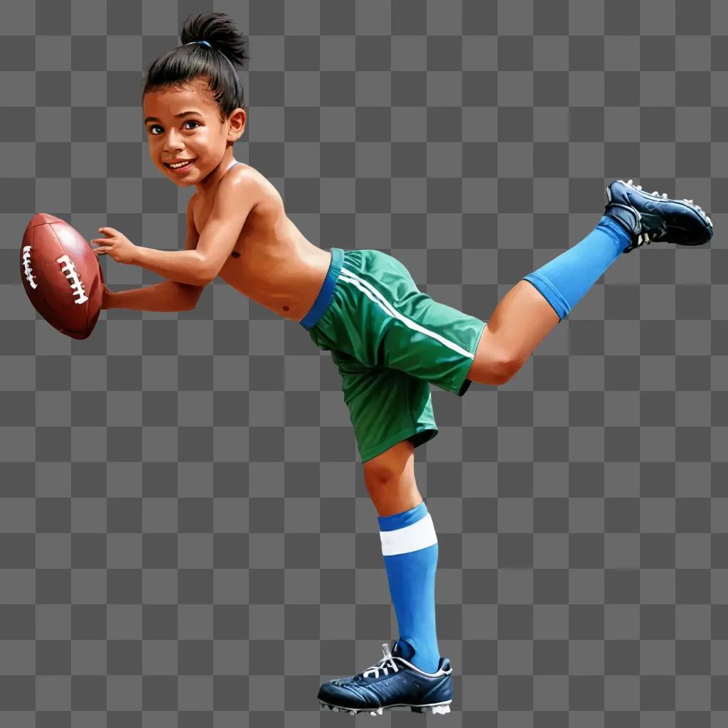 A young boy in a football uniform holds a football