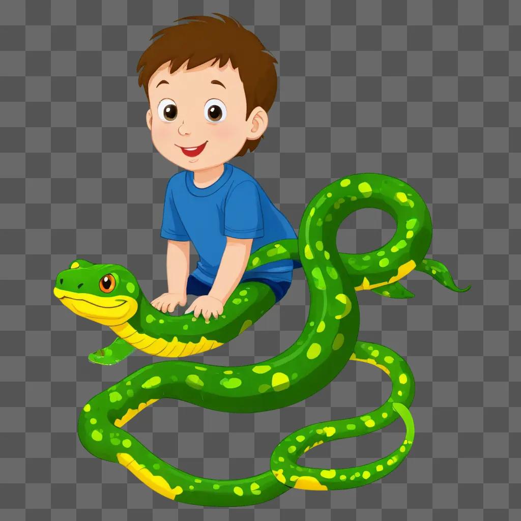 A young boy plays with a green snake drawing for kids