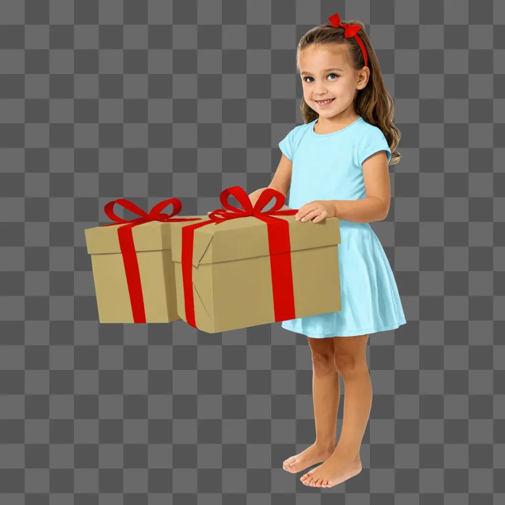 A young girl in a dress is holding two boxes with red bows