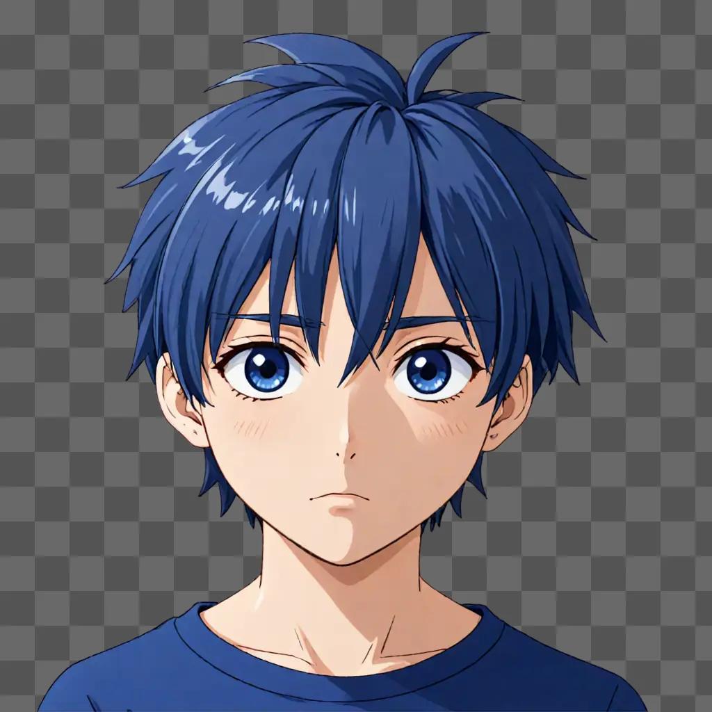 An anime boy with blue hair and a sad expression