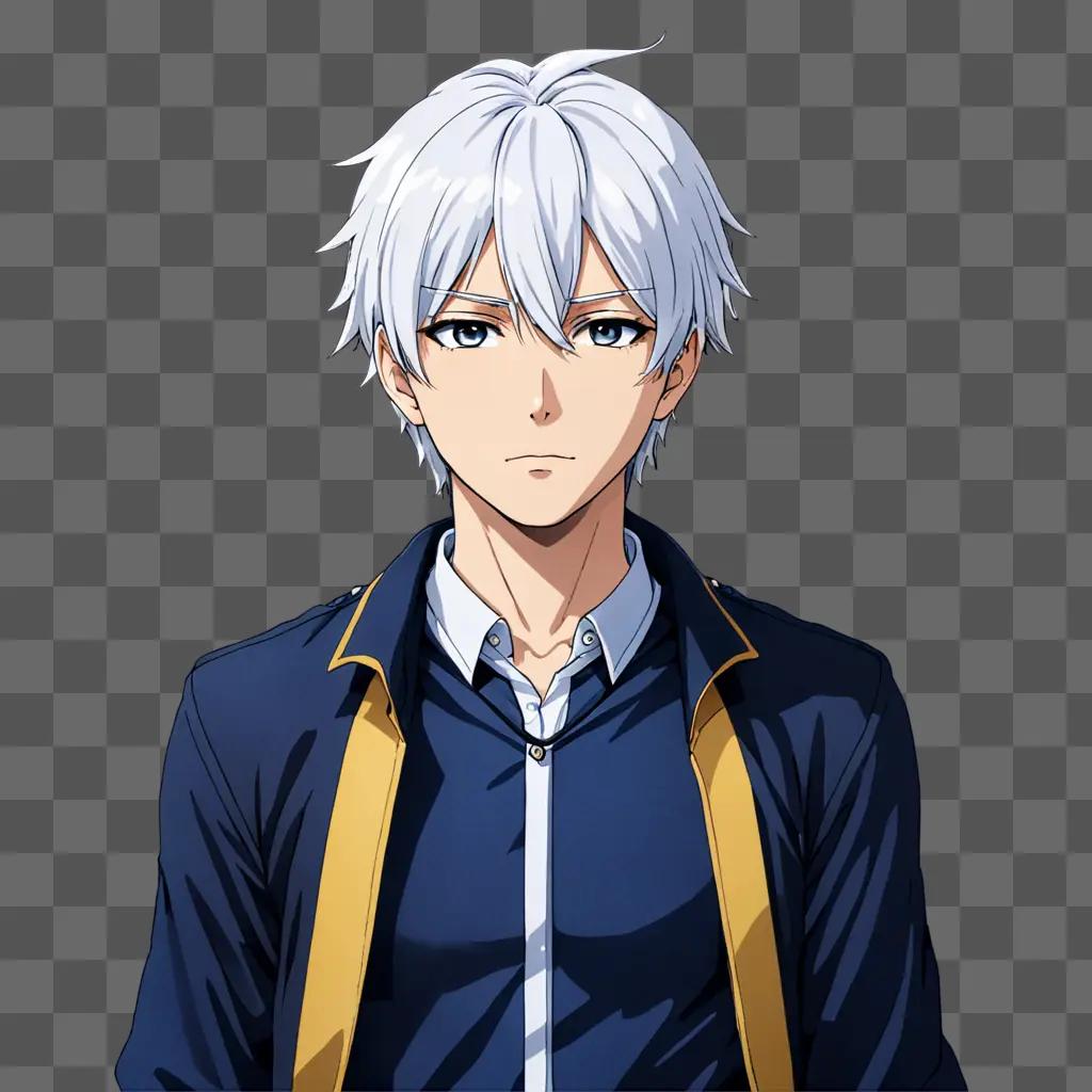 An anime boy with white hair and a blue jacket