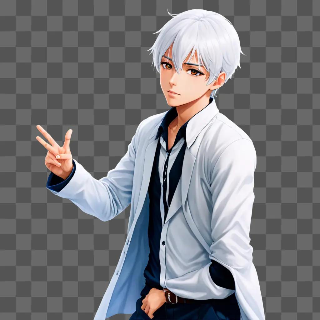 An anime boy with white hair gives the peace sign