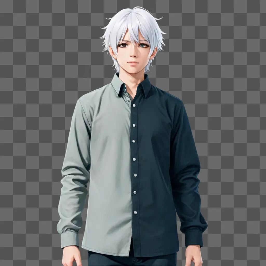 An anime boy with white hair stands against a grey background