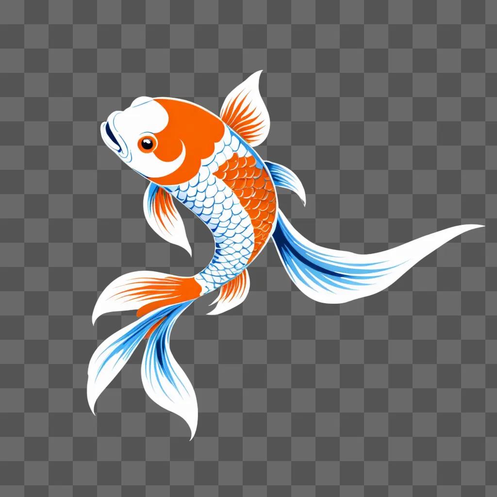 An orange and blue koi fish drawing on a white background