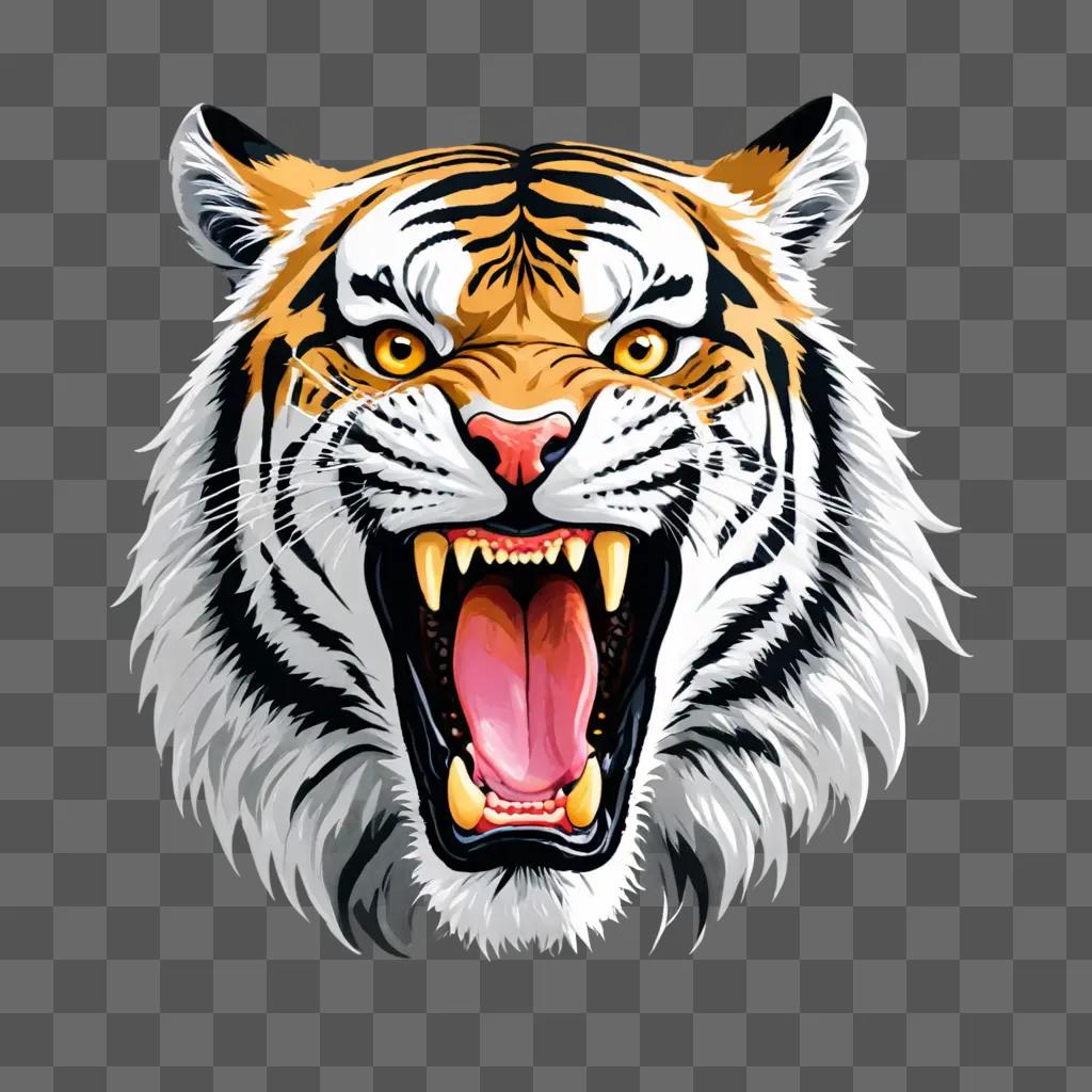 Angry tiger with open mouth and yellow teeth