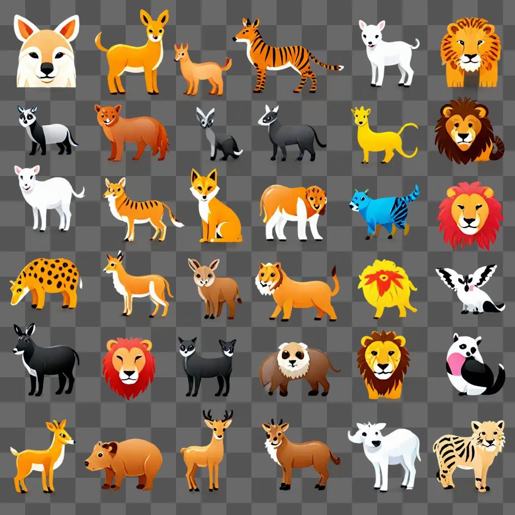 Animal icons displayed on a multicolored background