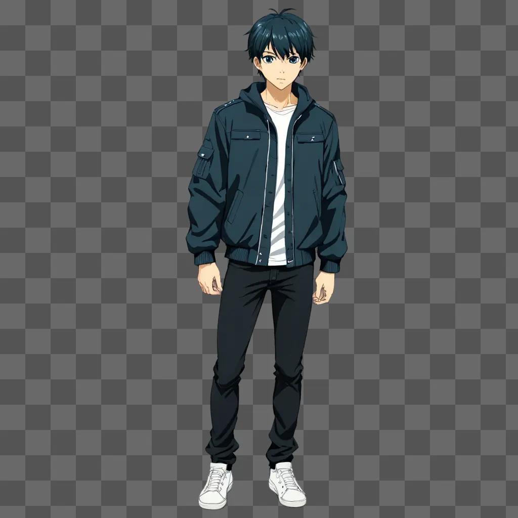 Anime boy in a blue jacket poses for a picture